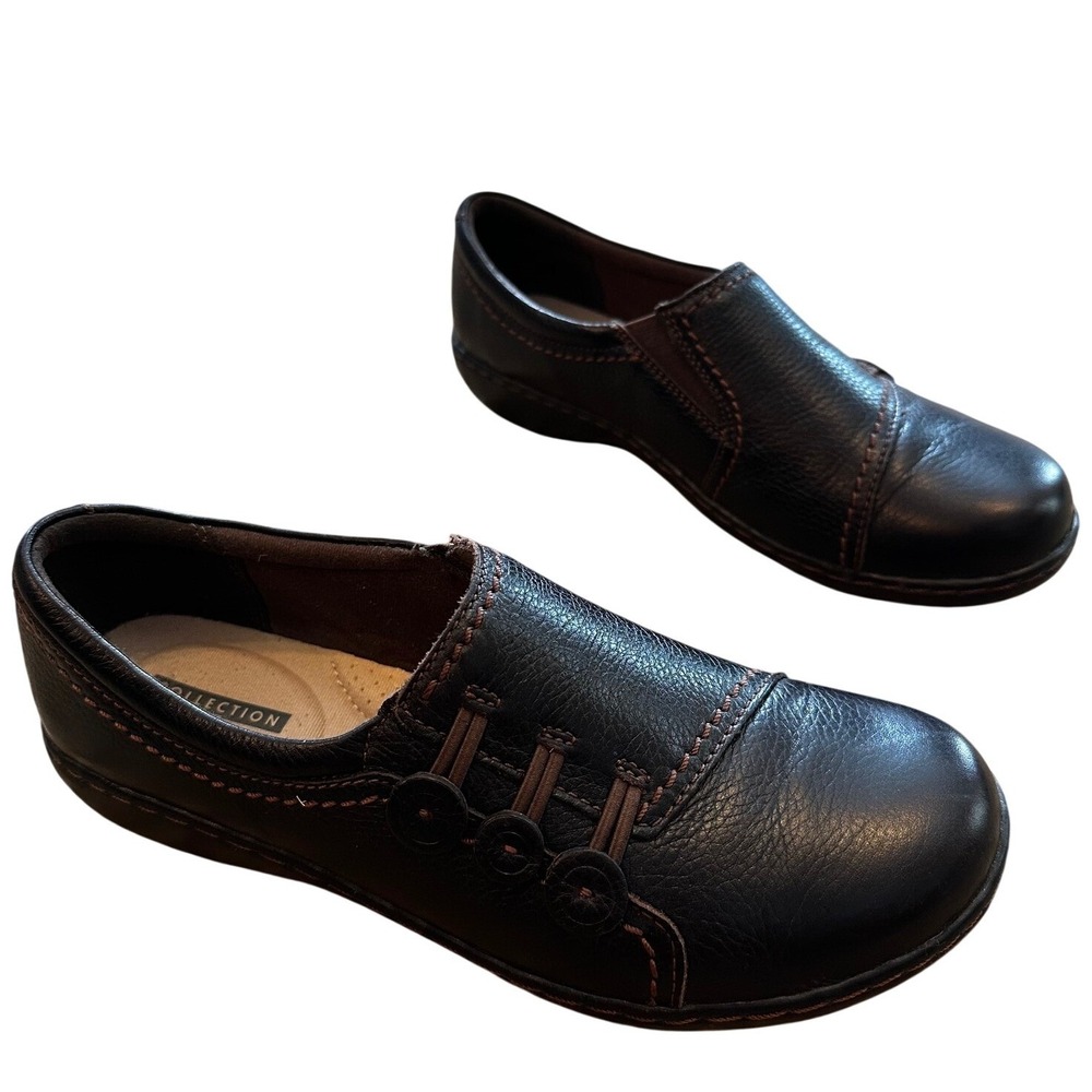 Clarks Collection Dark Brown Leather Slip On Loafers Button Accent Womens 7.5 M